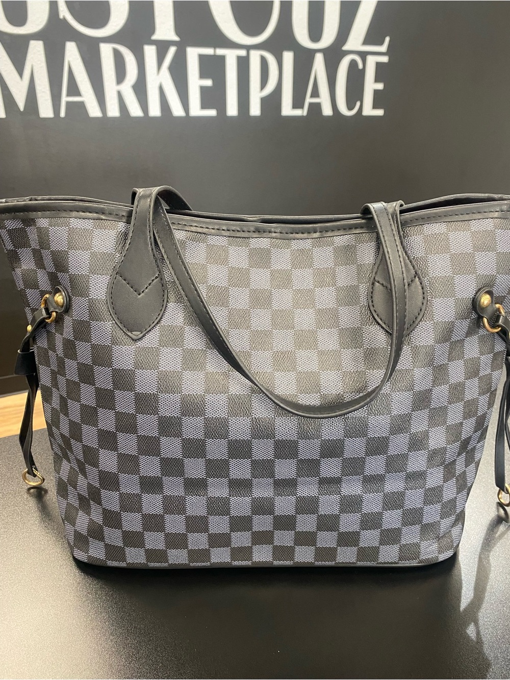 Designer-Style Checkered Tote Bag in Black and Grey
